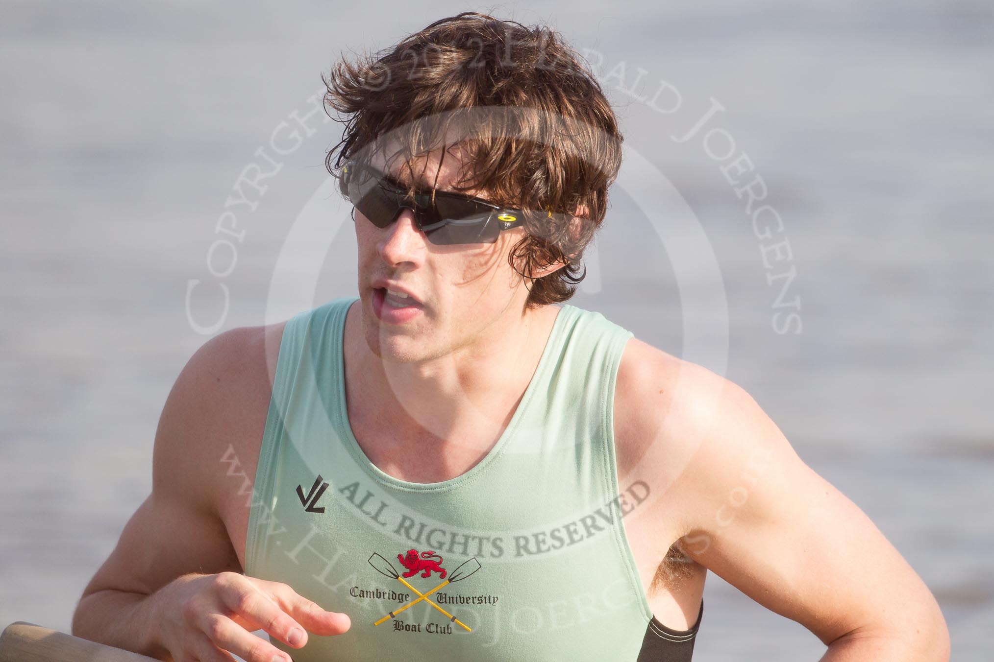 The Boat Race season 2012 - fixture CUBC vs Leander: Close-up of the CUBC Goldie bow Josh Pendry..
River Thames between Putney and Molesey,
London,
Greater London,
United Kingdom,
on 10 March 2012 at 14:52, image #159