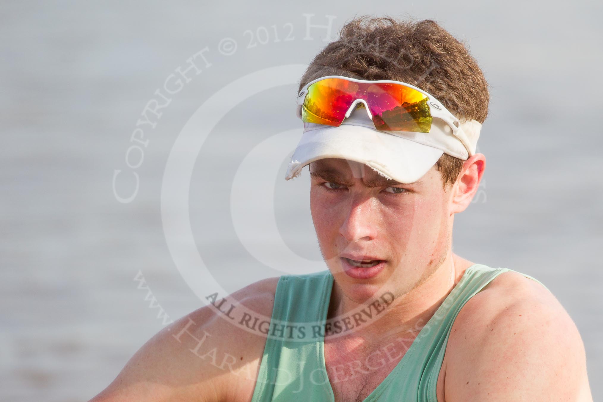 The Boat Race season 2012 - fixture CUBC vs Leander: Close-up of the CUBC Goldie 2 seat Tom Haworth..
River Thames between Putney and Molesey,
London,
Greater London,
United Kingdom,
on 10 March 2012 at 14:52, image #160