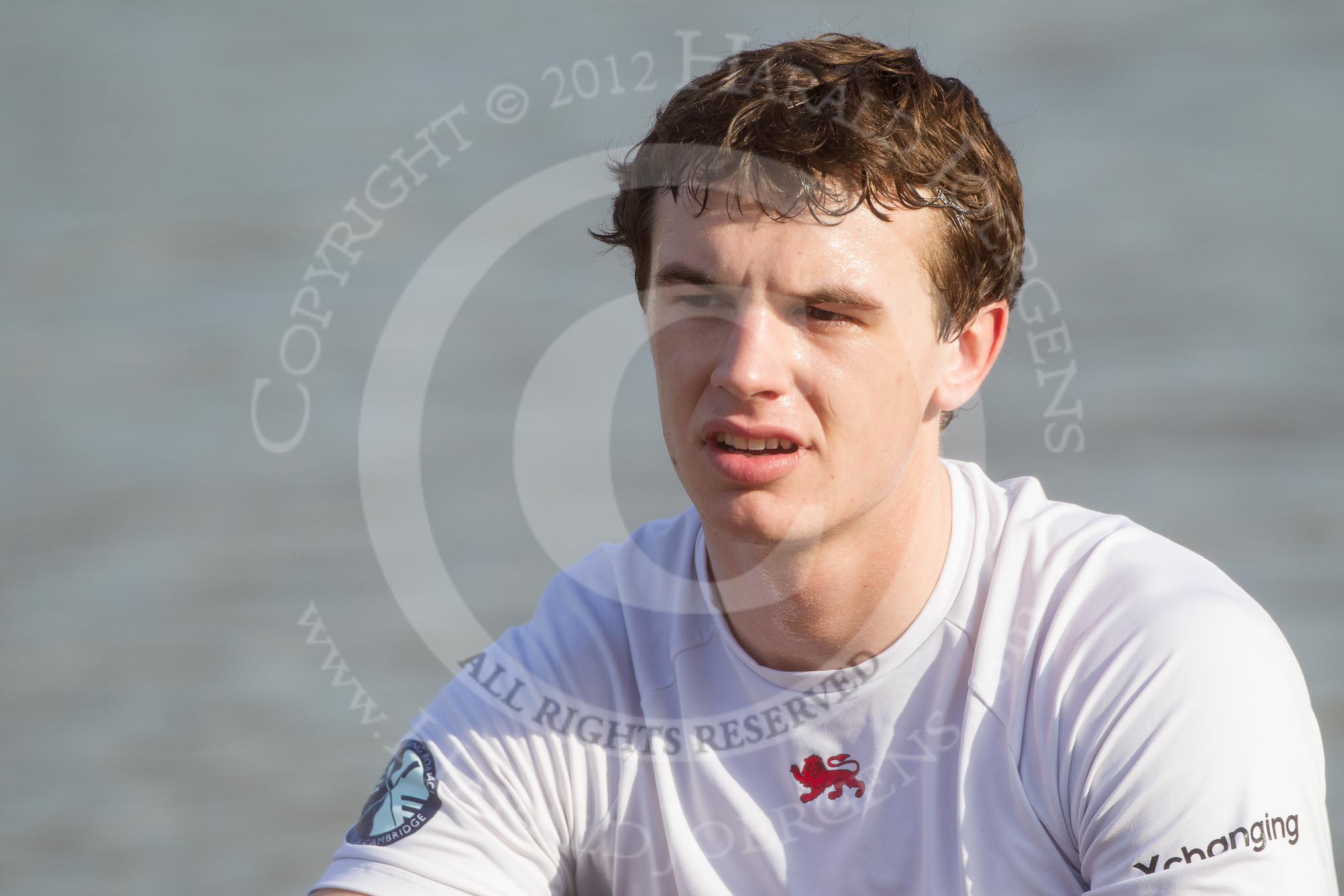 The Boat Race season 2012 - fixture CUBC vs Leander: Close-up of the CUBC Goldie 3 seat Samuel Throughton..
River Thames between Putney and Molesey,
London,
Greater London,
United Kingdom,
on 10 March 2012 at 14:52, image #161