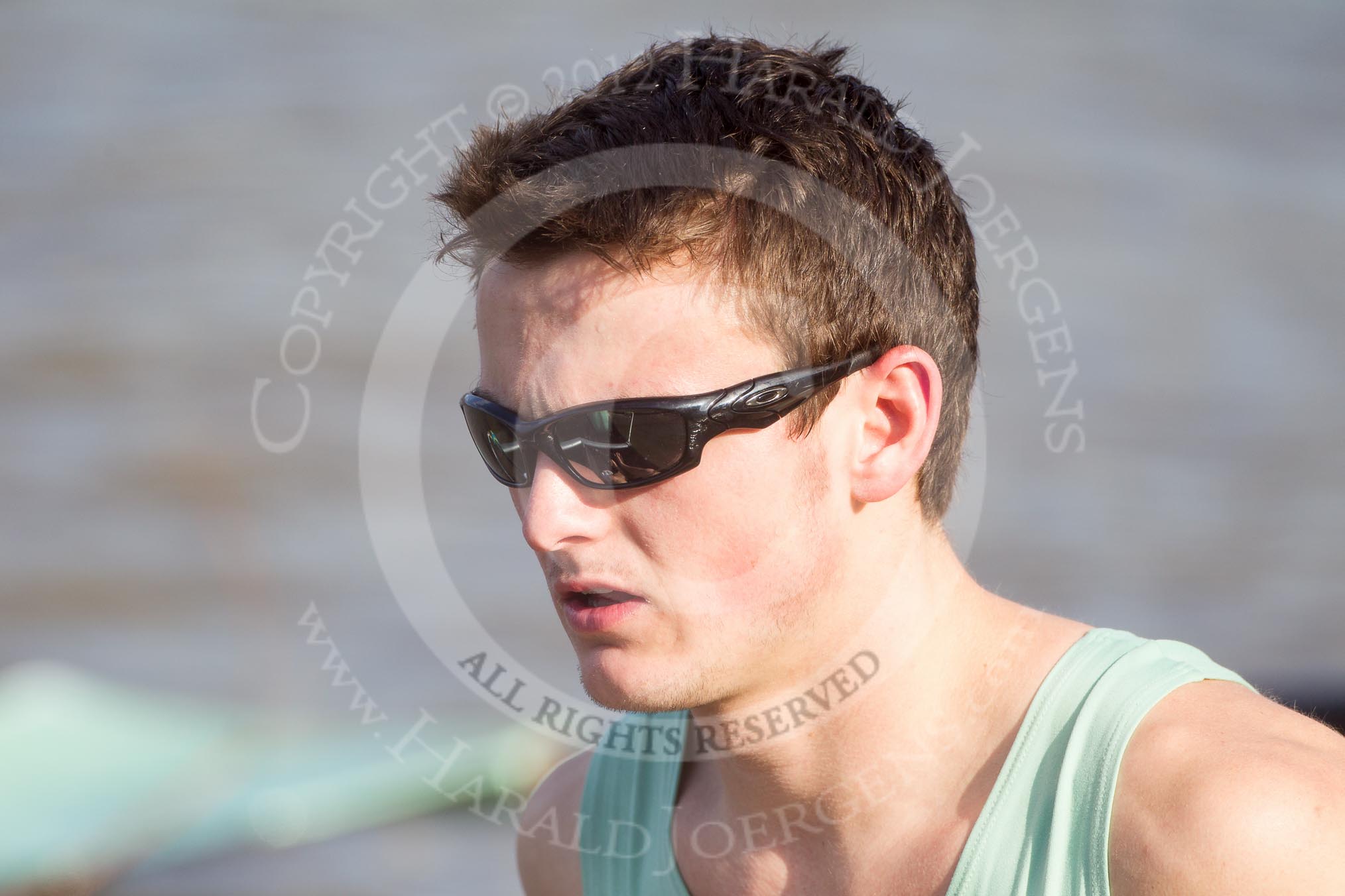The Boat Race season 2012 - fixture CUBC vs Leander: Close-up of the CUBC Goldie 6 seat Rowan Lawson..
River Thames between Putney and Molesey,
London,
Greater London,
United Kingdom,
on 10 March 2012 at 14:52, image #163