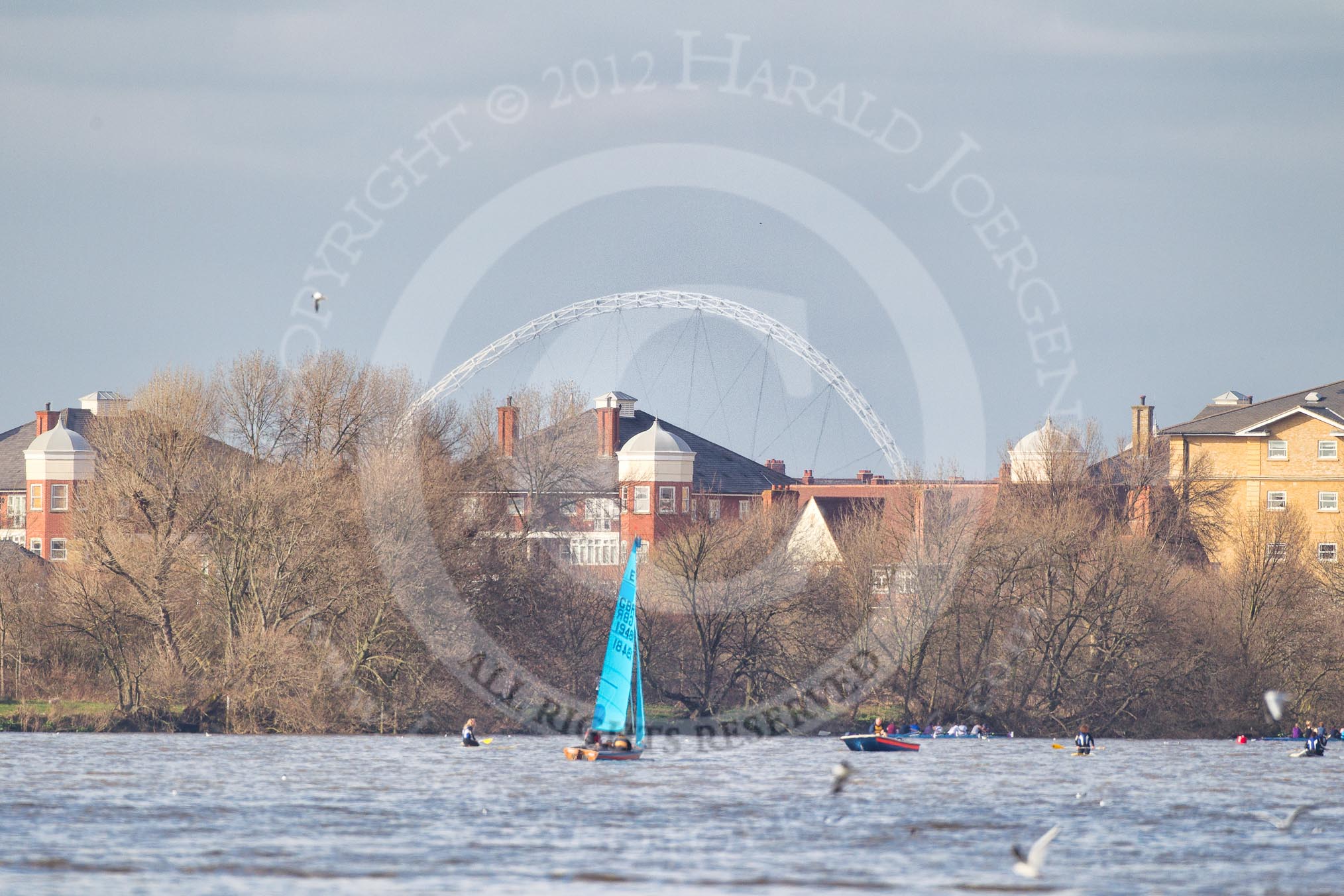 The Boat Race season 2012 - fixture CUBC vs Leander: Looking towards the West from Putney Embankment. In the background the arch of the new Wembley Arena..
River Thames between Putney and Molesey,
London,
Greater London,
United Kingdom,
on 10 March 2012 at 15:04, image #164