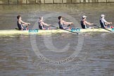 The Boat Race season 2012 - fixture CUBC vs Leander: The London Rowing Club Eight racing against Goldie, the Cambridge reserve boat: Bow Richard Dunley, 2 Alex Cawthorne, 3 James Clarke, 4 Marco Espin, Captain of the London RC, and 5 Chris Thomas..
River Thames between Putney and Molesey,
London,
Greater London,
United Kingdom,
on 10 March 2012 at 13:47, image #54