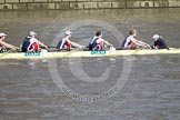 The Boat Race season 2012 - fixture CUBC vs Leander: The London Rowing Club Eight racing against Goldie, the Cambridge reserve boat: 4 Marco Espin, Captain of the London RC, 5 Chris Thomas, 6 Adam Rushton, 7 James Lyndsey-Fynn, stroke Mark Aldred, cox Jess Terrell..
River Thames between Putney and Molesey,
London,
Greater London,
United Kingdom,
on 10 March 2012 at 13:47, image #55