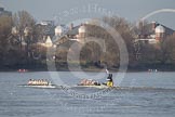 The Boat Race season 2012 - fixture CUBC vs Leander: The Cambridge reserve boat, Goldie, on the left, just after the start of the race against the London RC Eight, a strong team with two former British Olympians. Behind them umpire Richard Phelps..
River Thames between Putney and Molesey,
London,
Greater London,
United Kingdom,
on 10 March 2012 at 13:48, image #62
