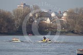 The Boat Race season 2012 - fixture CUBC vs Leander: The Cambridge reserve boat, Goldie, on the left, before the start of the race against the London RC Eight, a strong team with two former British Olympians. Behind them umpire Richard Phelps..
River Thames between Putney and Molesey,
London,
Greater London,
United Kingdom,
on 10 March 2012 at 13:48, image #63