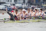 The Boat Race season 2012 - fixture CUBC vs Leander: The Leander Club Eight preparing for the start of the race. Cox Katie Klavenes, stroke Vasillis Ragoussis, Cameron MacRitchie, Sean Dixon, Tom Clark, John Clay, Will Gray, Sam Whittaker, and bow Oliver Holt..
River Thames between Putney and Molesey,
London,
Greater London,
United Kingdom,
on 10 March 2012 at 14:12, image #94