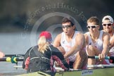 The Boat Race season 2012 - fixture CUBC vs Leander: The Leander Club Eight: Cox Katie Klavenes, stroke Vasillis Ragoussis, Cameron MacRitchie, and Sean Dixon..
River Thames between Putney and Molesey,
London,
Greater London,
United Kingdom,
on 10 March 2012 at 14:15, image #119