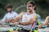 The Boat Race season 2012 - fixture CUBC vs Leander: The Leander Club Eight:  Close-up of 5 Tom Clark, behind, and in the lead, the Cambridge Eight..
River Thames between Putney and Molesey,
London,
Greater London,
United Kingdom,
on 10 March 2012 at 14:18, image #142