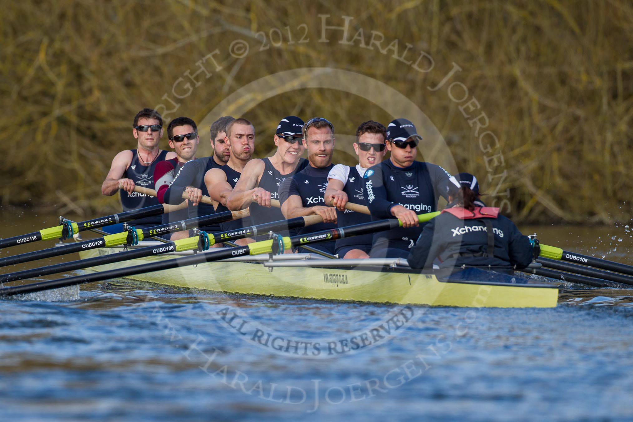 The Boat Race season 2012 - OUBC training: Bow Dr. Alexander Woods, 2 William Zeng, 3 Kevin Baum, 4 Alexander Davidson, 5 Karl Hudspith, 6 Dr. Hanno Wienhausen, 7 Dan Harvey, stroke Roel Haen, and cox Zoe de Toledo..


Oxfordshire,
United Kingdom,
on 20 March 2012 at 15:59, image #69