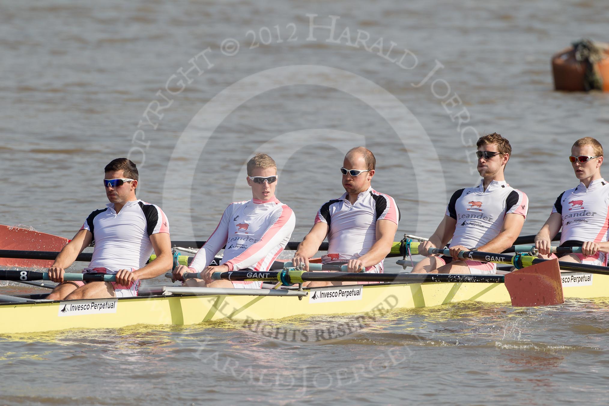 The Boat Race season 2012 - fixture OUBC vs Leander: The Leander Club crew racing OUBC Blue Boat -  stroke Vasillis Ragoussis, Cameron MacRitchie, John Clay, Tom Clark, and Sam Whittaker..




on 24 March 2012 at 13:50, image #62