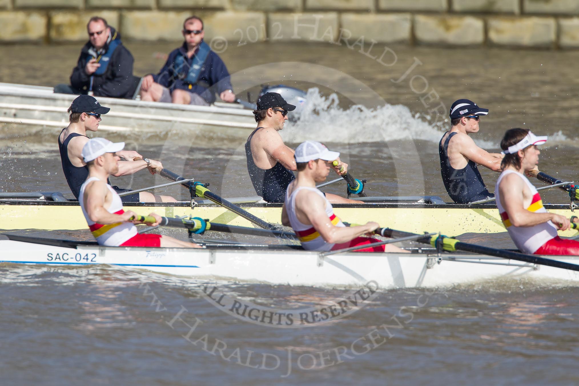 The Boat Race season 2012 - fixture OUBC vs Leander: Tideway Scullers to-be-named bow, to-be-named and t-be-named, in the OUBC Isis boat 6 seat Geordie Macleod, 7 Justin Webb, and stroke Tom Watson..




on 24 March 2012 at 14:01, image #69