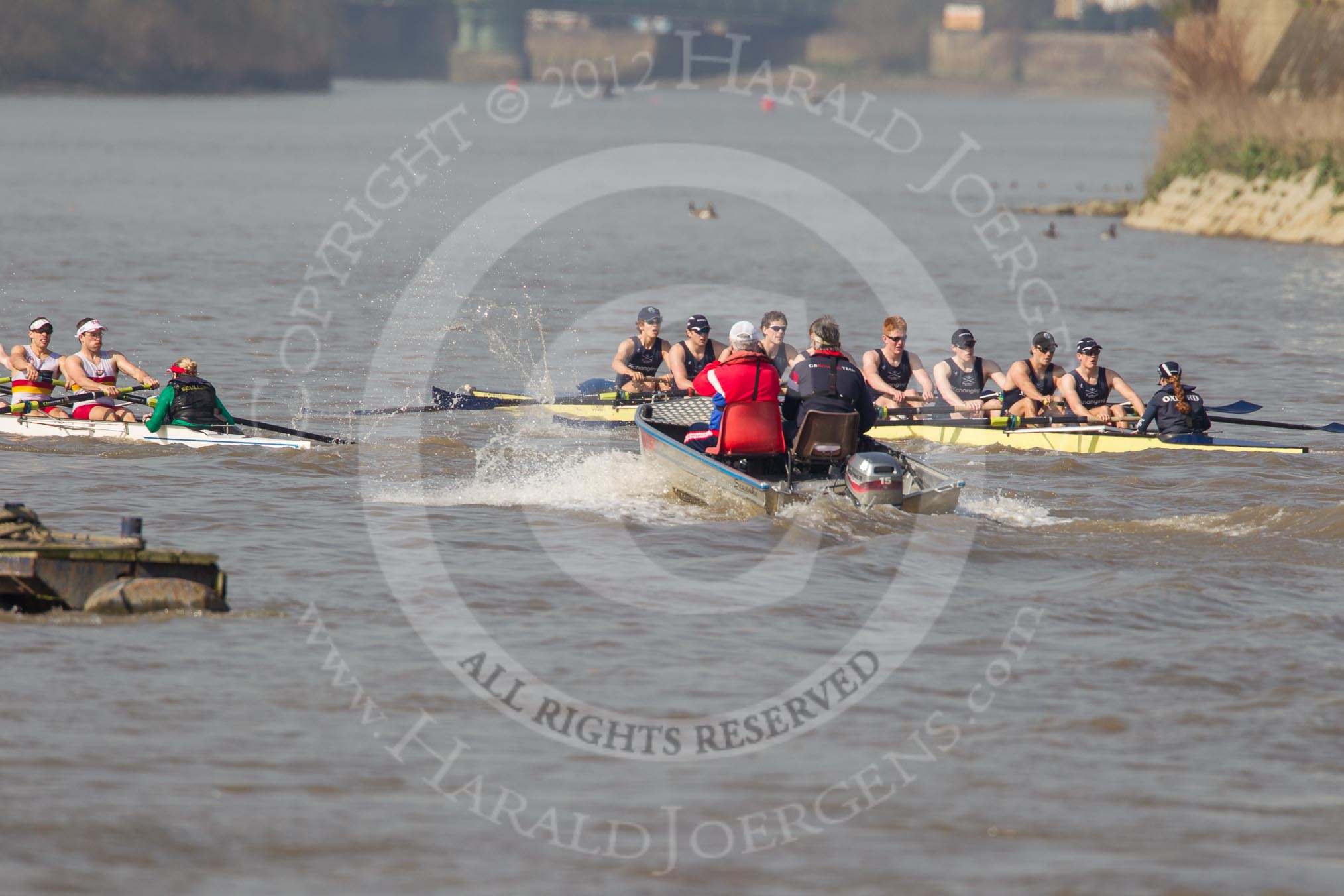 The Boat Race season 2012 - fixture OUBC vs Leander: The all-to-be-named Tideway Scullers squad against OUBC's Isis, hbow Tom Hilton, Chris Fairweather, Julian Bubb-Humfryes, Ben Snodin, Joe Dawson, Geordie Macleod, Justin Webb, stroke Tom Watson, and cox Katherine Apfelbaum..




on 24 March 2012 at 14:01, image #80