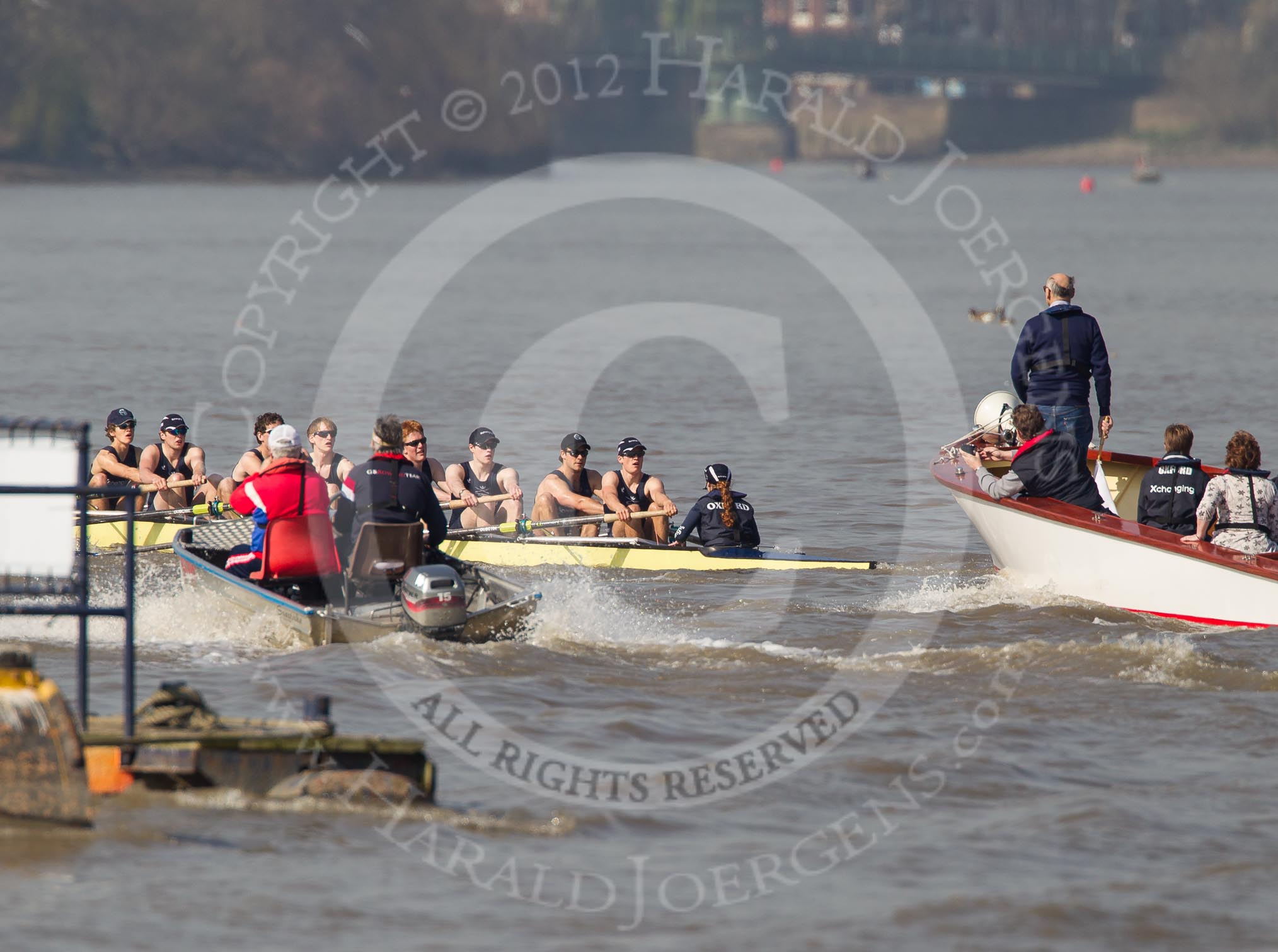 The Boat Race season 2012 - fixture OUBC vs Leander: OUBC's Isis crew, bow Tom Hilton, Chris Fairweather, Julian Bubb-Humfryes, Ben Snodin, Joe Dawson, Geordie Macleod, Justin Webb, stroke Tom Watson, and cox Katherine Apfelbaum, behind umpire Boris Rankov..




on 24 March 2012 at 14:01, image #81