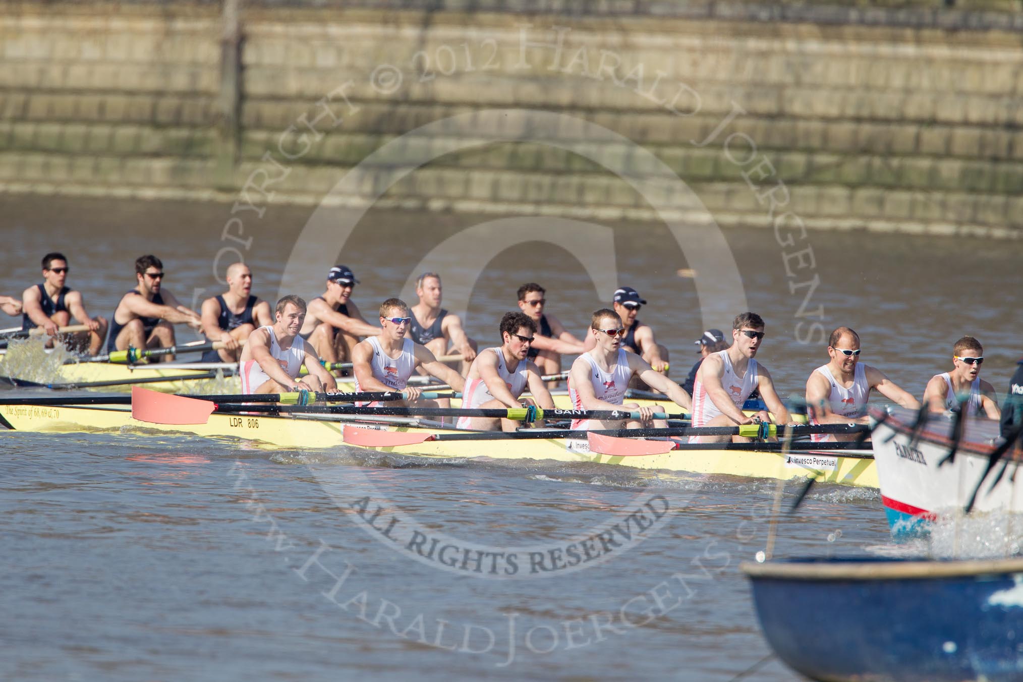 The Boat Race season 2012 - fixture OUBC vs Leander: OUBC Blue Boat in the lead - 2 William Zeng, 3 Kevin Baum, 4 Alexander Davidson, 5 Karl Hudspith, 6 Dr. Hanno Wienhausen, 7 Dan Harvey, stroke Roel Haen, cox Zoe de Toledo, in the Leander boat bow Nathan Hillyer, Chris Friend, Will Gray, Sam Whittaker, Tom Clark, John Clay, Cameron MacRitchie, stroke Vasillis Ragoussis, and cox Katie Klavenes..




on 24 March 2012 at 14:30, image #118