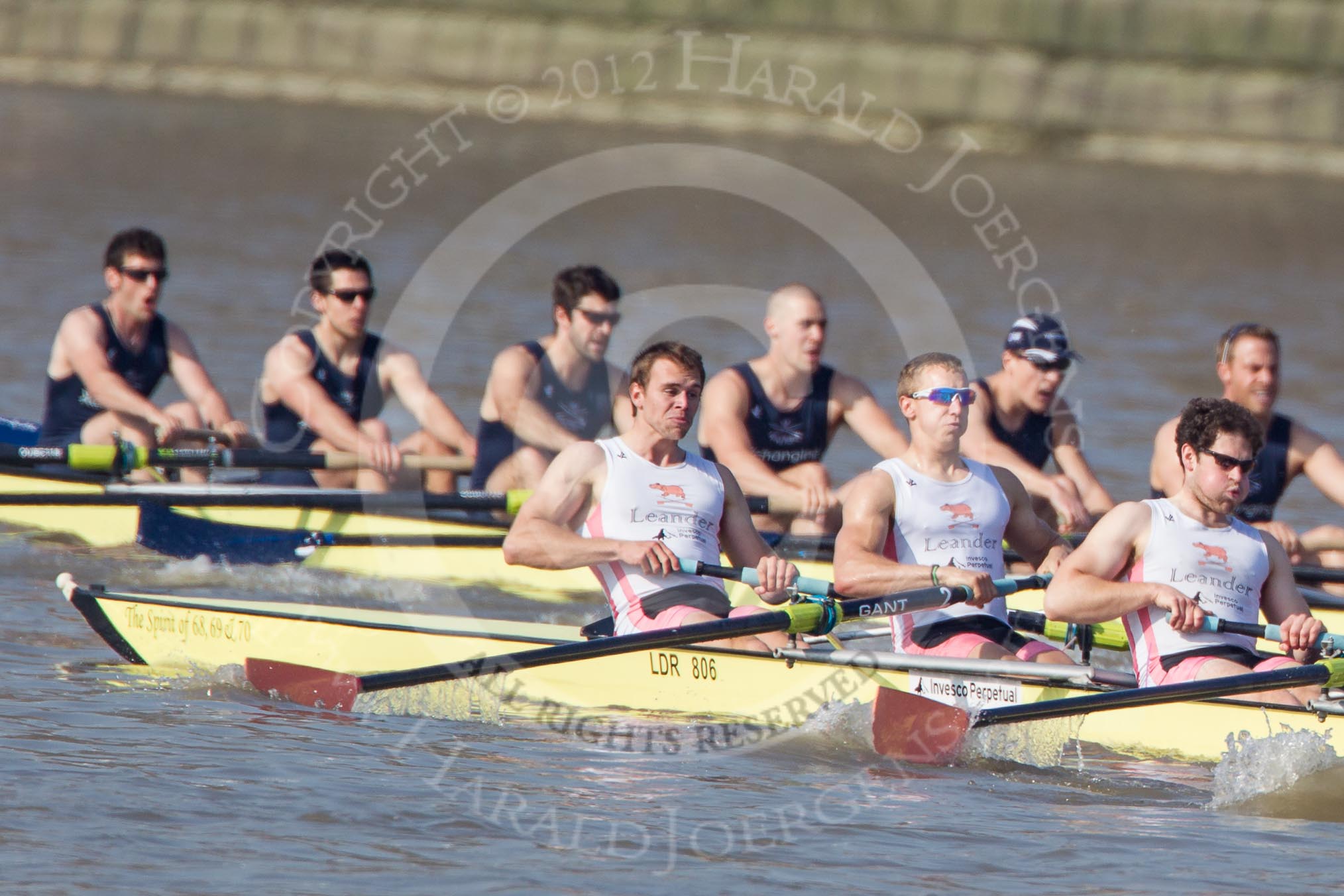 The Boat Race season 2012 - fixture OUBC vs Leander: OUBC Blue Boat in the lead - visible in this image: bow Dr. Alexander Woods, 2 William Zeng, 3 Kevin Baum, 4 Alexander Davidson, 5 Karl Hudspith, 6 Dr. Hanno Wienhausenand in the Leander boat bow Nathan Hillyer, Chris Friend, and Will Gray..




on 24 March 2012 at 14:30, image #119