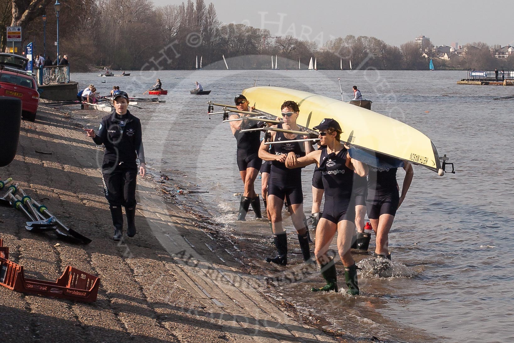 The Boat Race season 2012 - fixture OUBC vs Leander: The OUBC Isis squad returning from their fixture against Tideway Scullers. On the left cox Katherine Apfelbaum, carrying the boat are Tom Hilton, Chris Fairweather, Julian Bubb-Humfryes, Ben Snodin, Joe Dawson, Geordie Macleod, Justin Webb, and Tom Watson..




on 24 March 2012 at 14:58, image #154