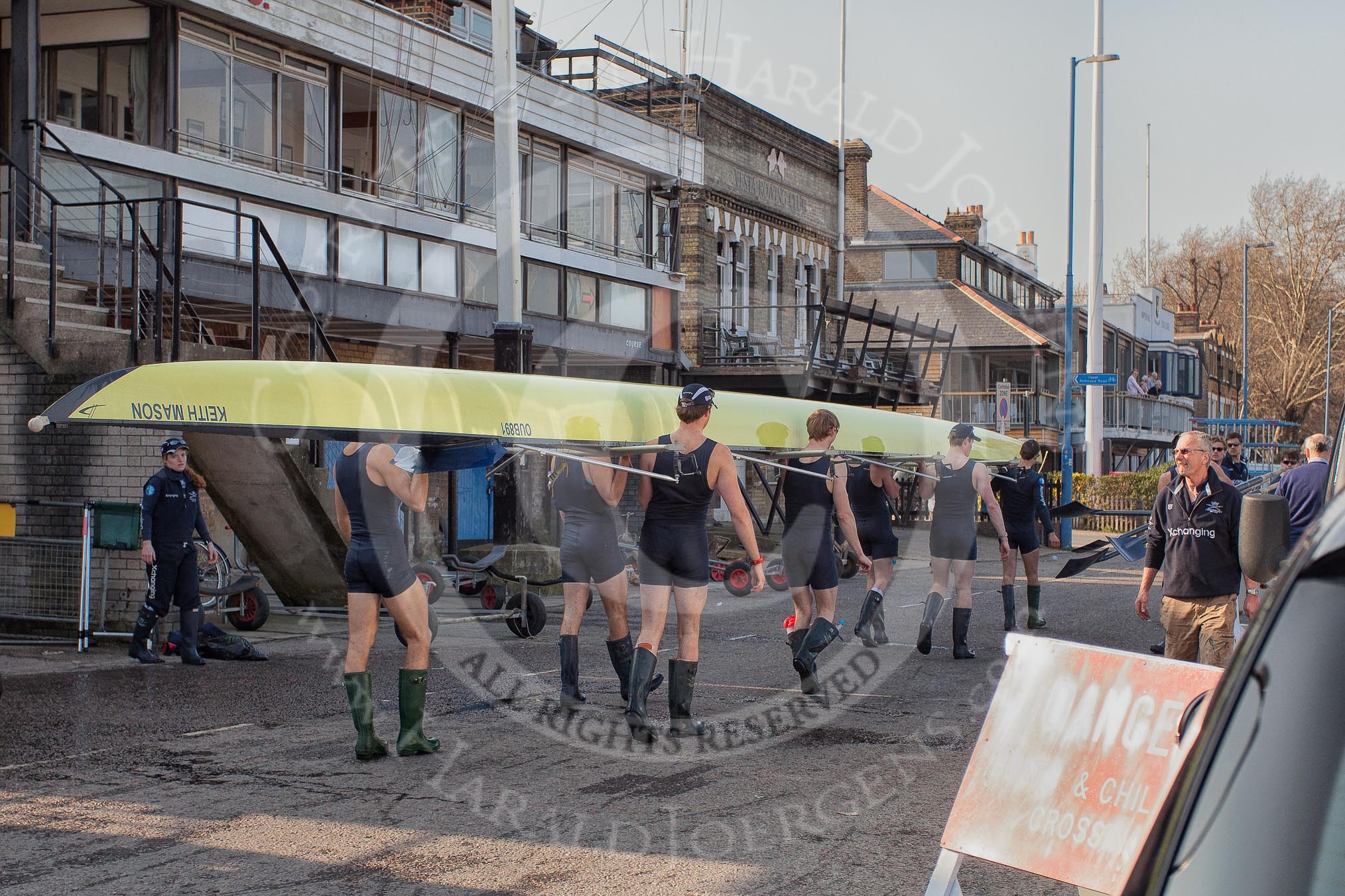 The Boat Race season 2012 - fixture OUBC vs Leander: Returning the OUBC Isis boat to the boathouse. On the left cox Katherine Apfelbaum, on the right Equipment Manager Pat Lockley..




on 24 March 2012 at 15:02, image #156