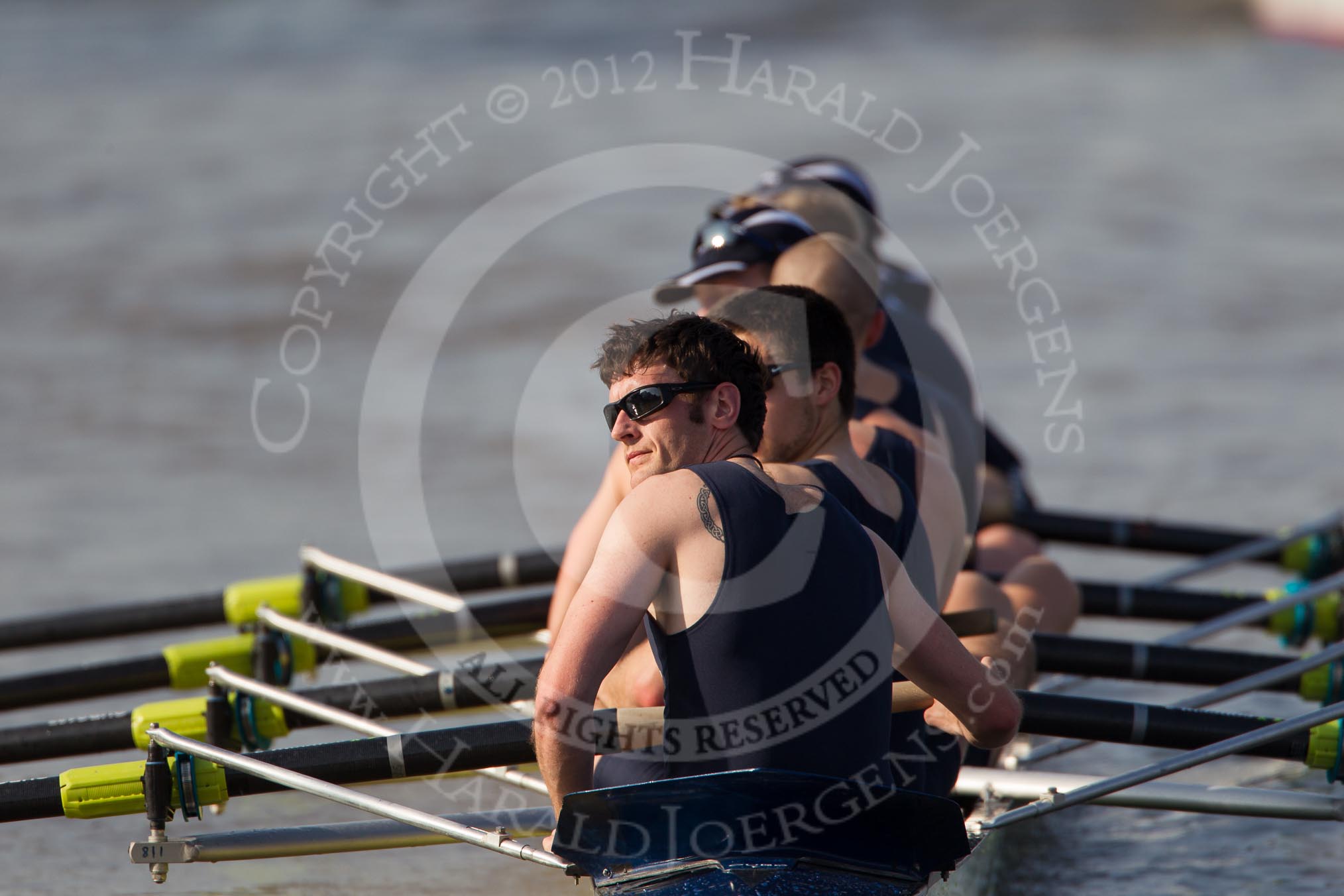 The Boat Race season 2012 - fixture OUBC vs Leander: The OUBC Blue Boat squad returning from their fixture against Leander. Dr. Alexander Woods, 2 William Zeng, 3 Kevin Baum, 4 Alexander Davidson, 5 Karl Hudspith, 6 Dr. Hanno Wienhausen, 7 Dan Harvey, stroke Roel Haen, and cox Zoe de Toledo..




on 24 March 2012 at 15:06, image #158