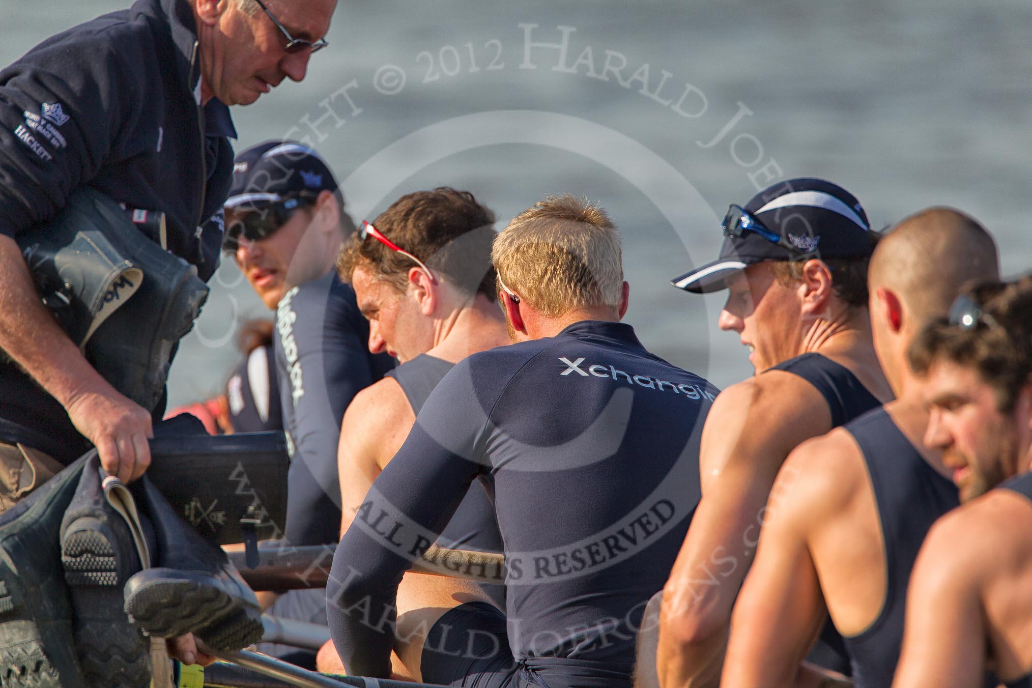 The Boat Race season 2012 - fixture OUBC vs Leander: The OUBC Blue Boat squad returning from their fixture against Leander. cox Zoe de Toledo, stroke Roel Haen, 7 Dan Harvey, 6 Dr. Hanno Wienhausen, 5 Karl Hudspith, 4 Alexander Davidson, 3 Kevin Baum, 2 William Zeng, bow Dr. Alexander Woods, with the Wellies Equipment Manager Pat Lockley..




on 24 March 2012 at 15:06, image #160