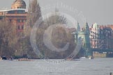 The Boat Race season 2012 - fixture OUBC vs Leander: OUBC Blue Boat in the lead, approaching the Harrods Repository, Leander behind, followed by umpire Richard Phelps. Coming the other way, passing Hammersmith Bridge, the Cambridge Blue Boat..




on 24 March 2012 at 14:32, image #139