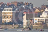 The Boat Race season 2012 - fixture OUBC vs Leander: Approaching Hammersmith Bridge, the OUBC Blue Boat on the right, Leander on the left, both followed by umpire Richard Phelps. The distance from the camera is now around 2500m, and the slight distortions are caused by warm, turbulent air..




on 24 March 2012 at 14:33, image #145