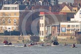 The Boat Race season 2012 - fixture OUBC vs Leander: Approaching Hammersmith Bridge, the OUBC Blue Boat on the right, Leander on the left, both followed by umpire Richard Phelps. The distance from the camera is now around 2500m, and the slight distortions are caused by warm, turbulent air..




on 24 March 2012 at 14:33, image #146