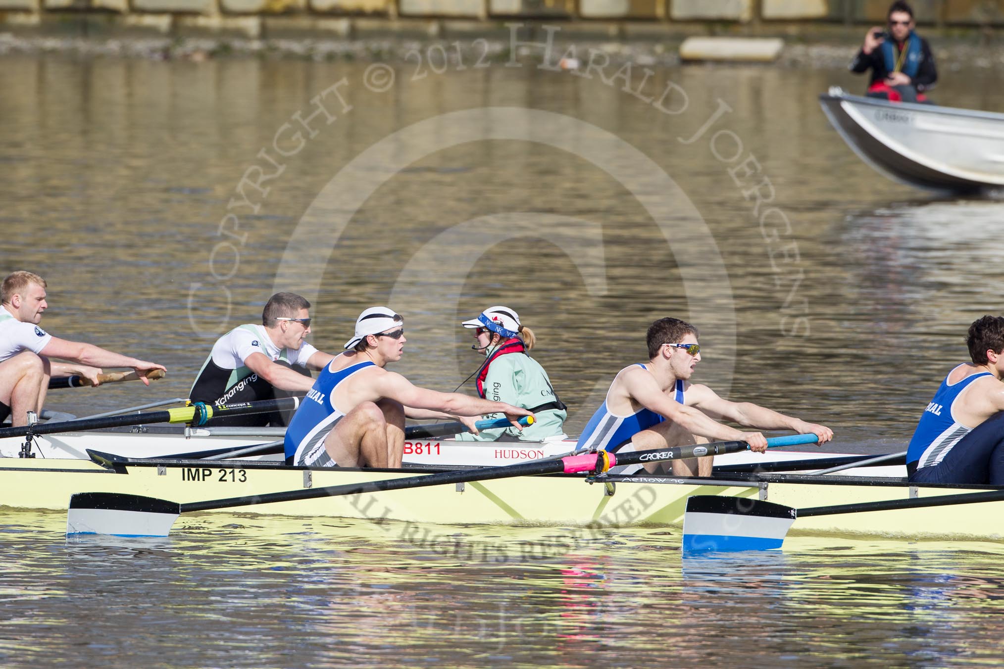 Photo 1203251446531D43539HaraldJoergens The Boat Race season 2012 - fixture CUBC vs Molesey BC: The Cambridge reserve boat Goldie racing Imperial BC: On the Cambridge side 7 seat Philip Williams, stroke Felix Wood and cox Sarah Smart, in the Imperial boat Alex Gillies, Adam Seward, and Leo Carrington..
on 25 March 2012 at 14:46, image #51
