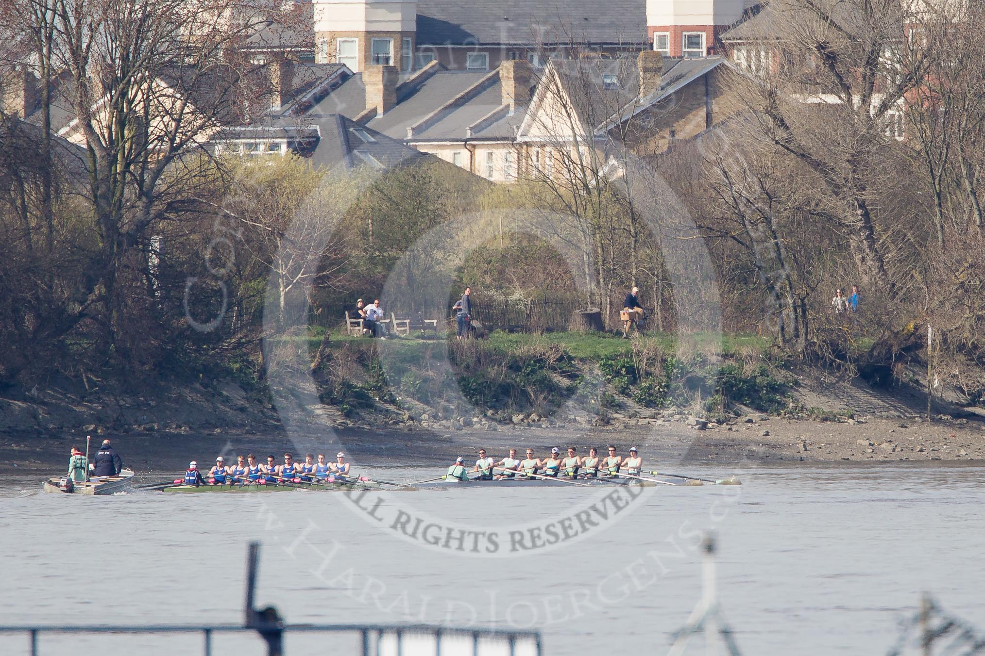The Boat Race season 2012 - fixture CUBC vs Molesey BC: CUBC Goldie v Imperial fixture: Goldie leading towards the Mile Post, behind  the Imperial boat umpire Simon Harris..




on 25 March 2012 at 14:49, image #69