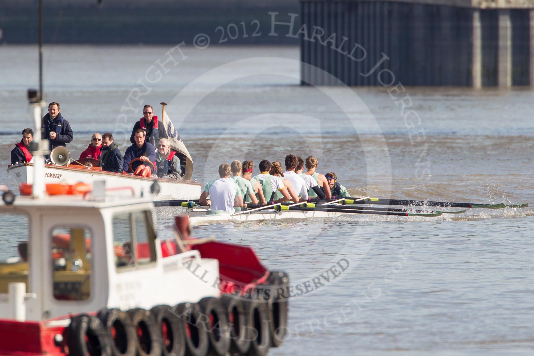 The Boat Race season 2012 - fixture CUBC vs Molesey BC: The start of the race, behind the Cambridge Blue Boat umpire Boris Rankov. Bow David Nelson, Moritz Schramm, Jack Lindeman, Alex Ross, Mike Thorp, Steve Dudek, Alexander Scharp, stroke Niles Garratt, and cox Ed Bosson..




on 25 March 2012 at 15:18, image #103