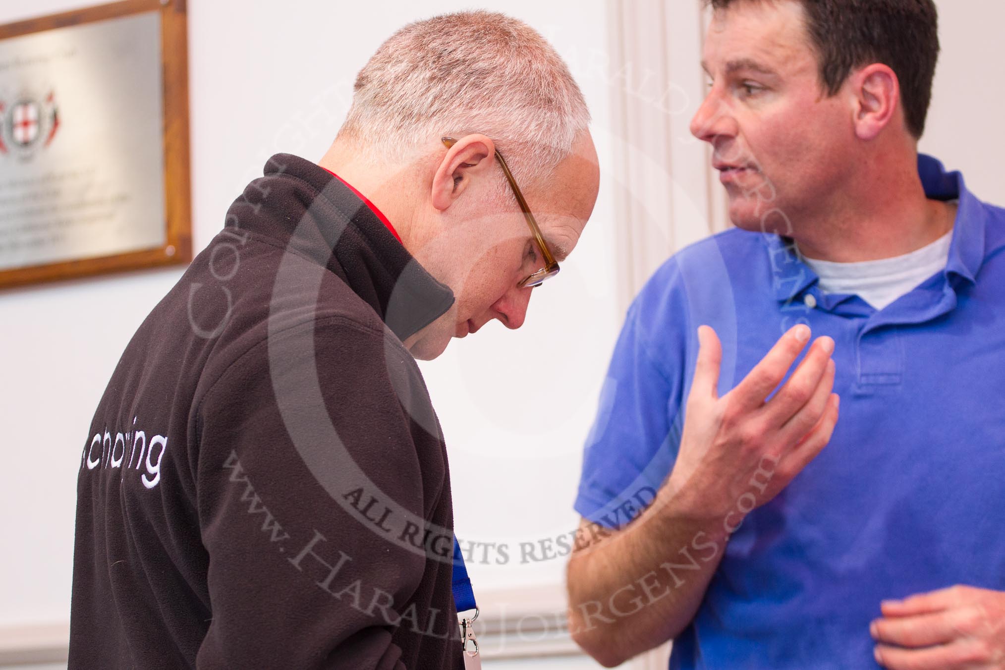 BBC sports commentator Jonathan Legard with Boat Race umpire John Garret after the press conference