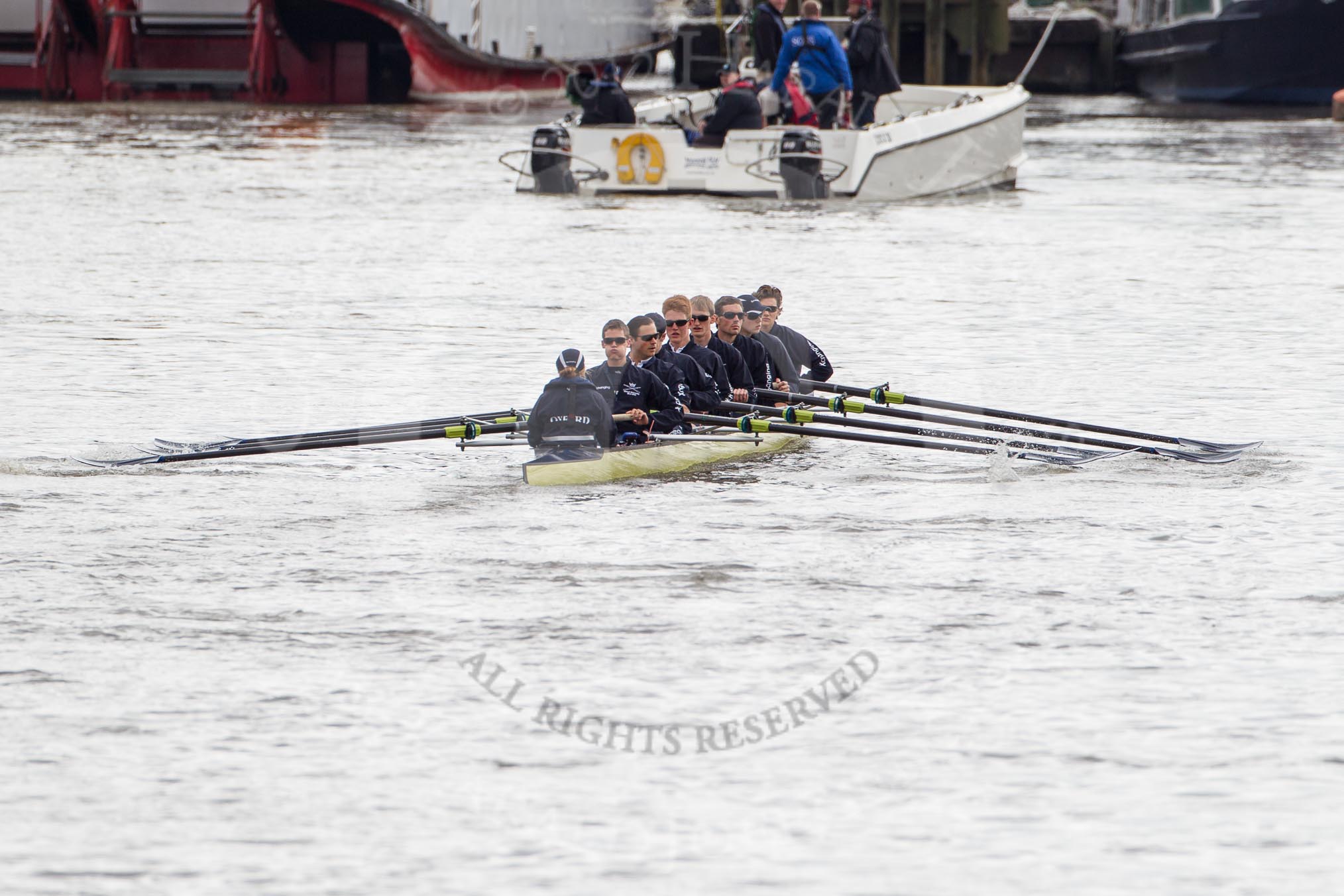 Photo 1204071307241D47607HaraldJoergens The Boat Race 2012: The ISIS crew rwoing towards Putney Bridge for the start of the Boat Race against the Cambridge reserve boat Goldie: cox Katherine Apfelbaum, stroke Tom Watson, Justin Webb, Geordie Macleod, Joseph Dawson, Ben Snodin, Julian Bubb-Humfryes, Chris Fairweather, bow Thomas Hilton..
on 07 April 2012 at 13:07, image #118