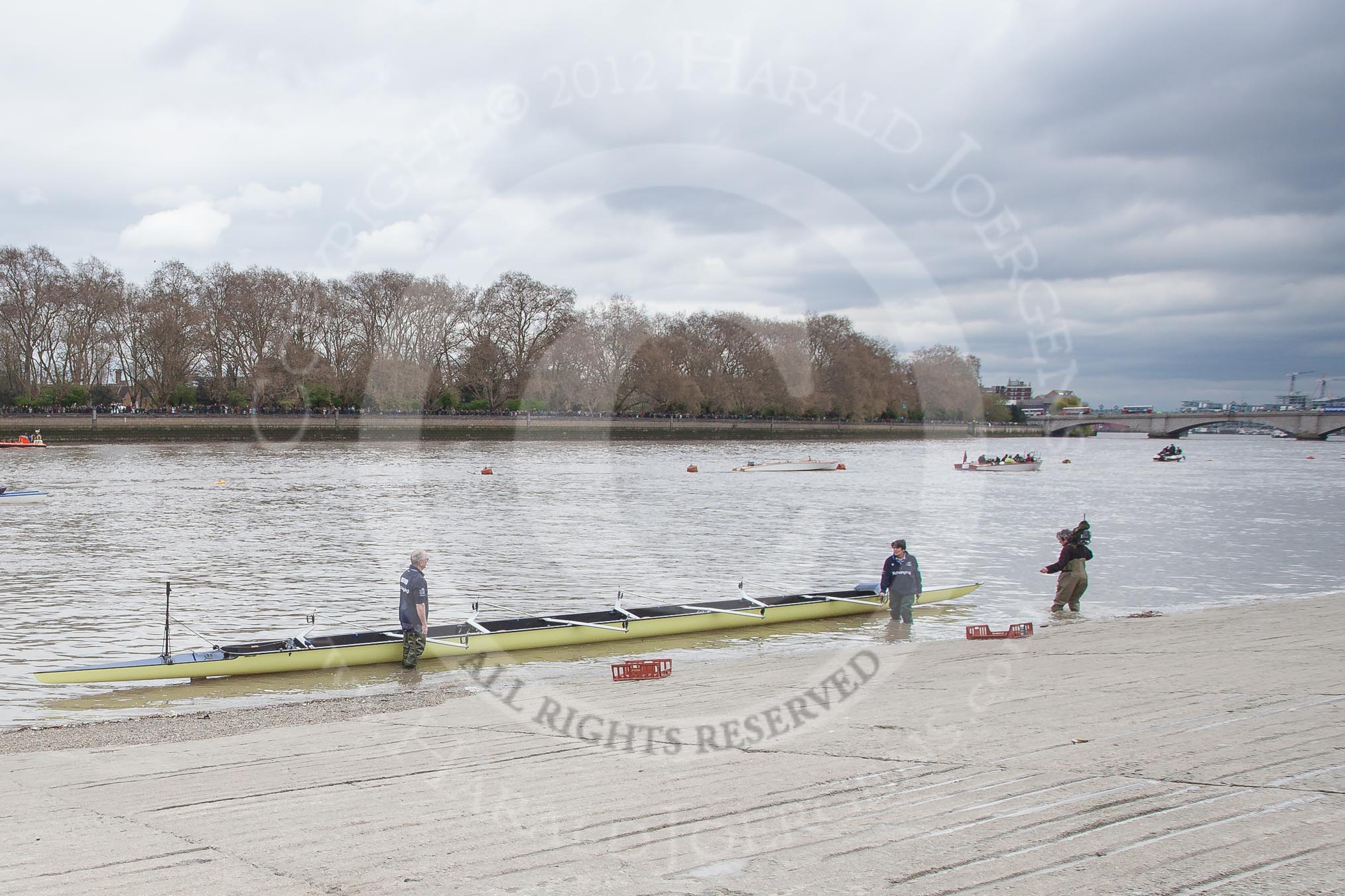 The Boat Race 2012: The Oxford Blue Boat ready for the Boat Race, with a BBC Sport/SIS cameraman getting into the Thames to film from the water side..




on 07 April 2012 at 13:26, image #130