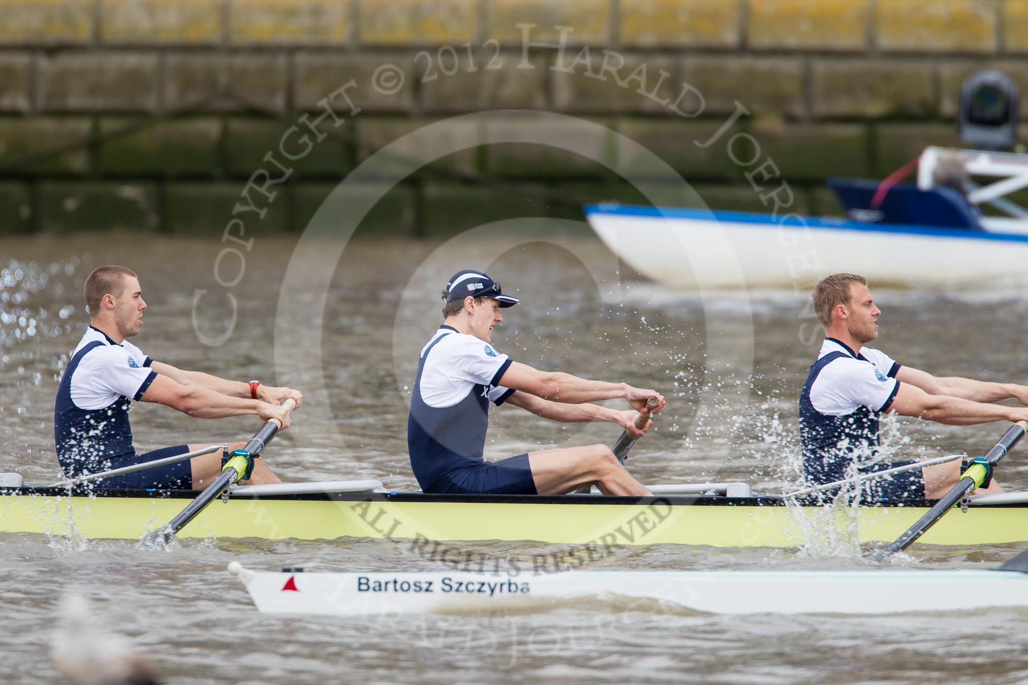 Photo 1204071416431D48401HaraldJoergens The Boat Race 2012: The Oxford Blue Boat shortly after the start of the 2012 Boat Race, with the Cambridge Blue Boat, in front, getting closer. 4 seat Alex Davidson, Karl Hudspith, and Dr Hanno Wienhausen..
on 07 April 2012 at 14:16, image #256