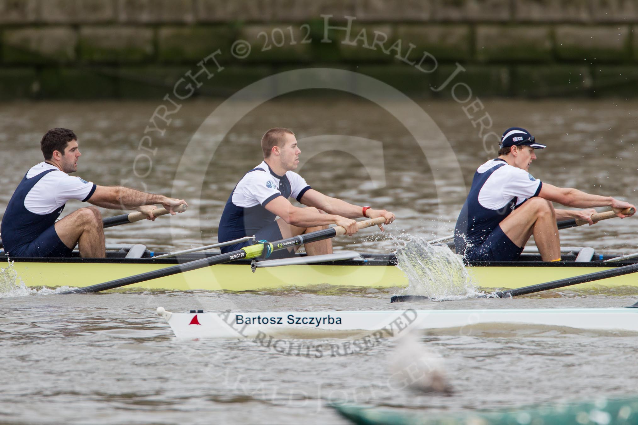 The Boat Race 2012: The Oxford Blue Boat shortly after the start of the 2012 Boat Race, with the Cambridge Blue Boat, in front, getting closer. 3 seat Kevin Baum, Alex Davidson, and Karl Hudspith..




on 07 April 2012 at 14:16, image #257