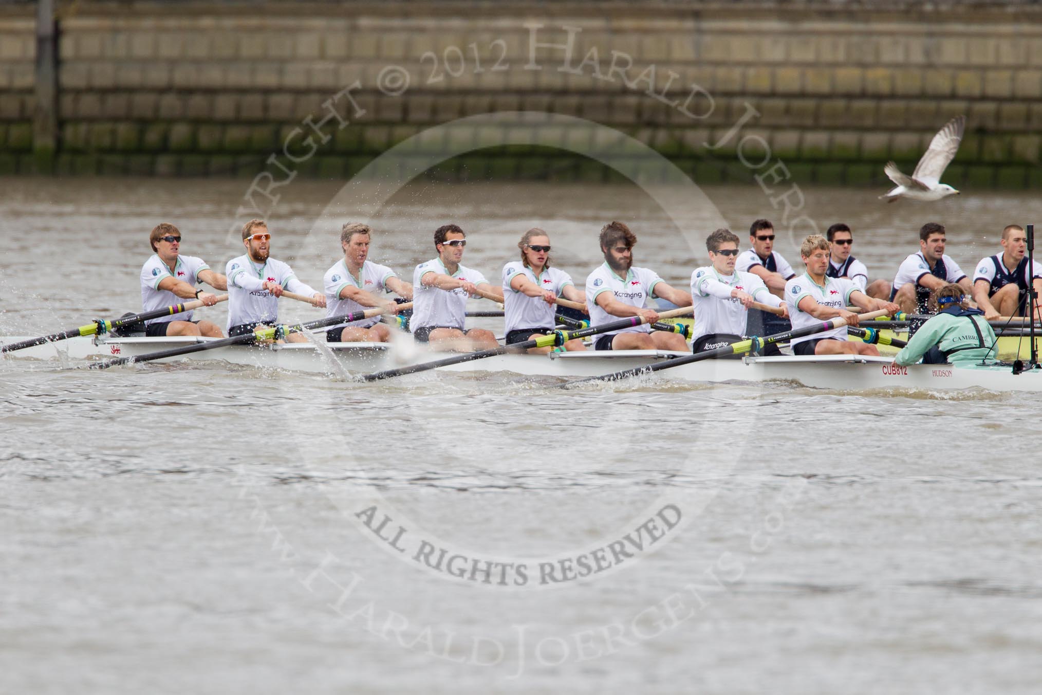 Photo 1204071417061D48437HaraldJoergens The Boat Race 2012: The 2012 Boat Race, shortly after the start: In the foreground the Cambridge Blue Boat, with David Nelson, Moritz Schramm, Jack Lindeman, Alex Ross, Mike Thorp, Steve Dudek, Alexander Scharp, Niles Garret, and cox Ed Bosson, in the Oxford boat Dr. Alexander Woods, William Zeng, Kevin Baum, and Alex Davidson..
on 07 April 2012 at 14:17, image #266