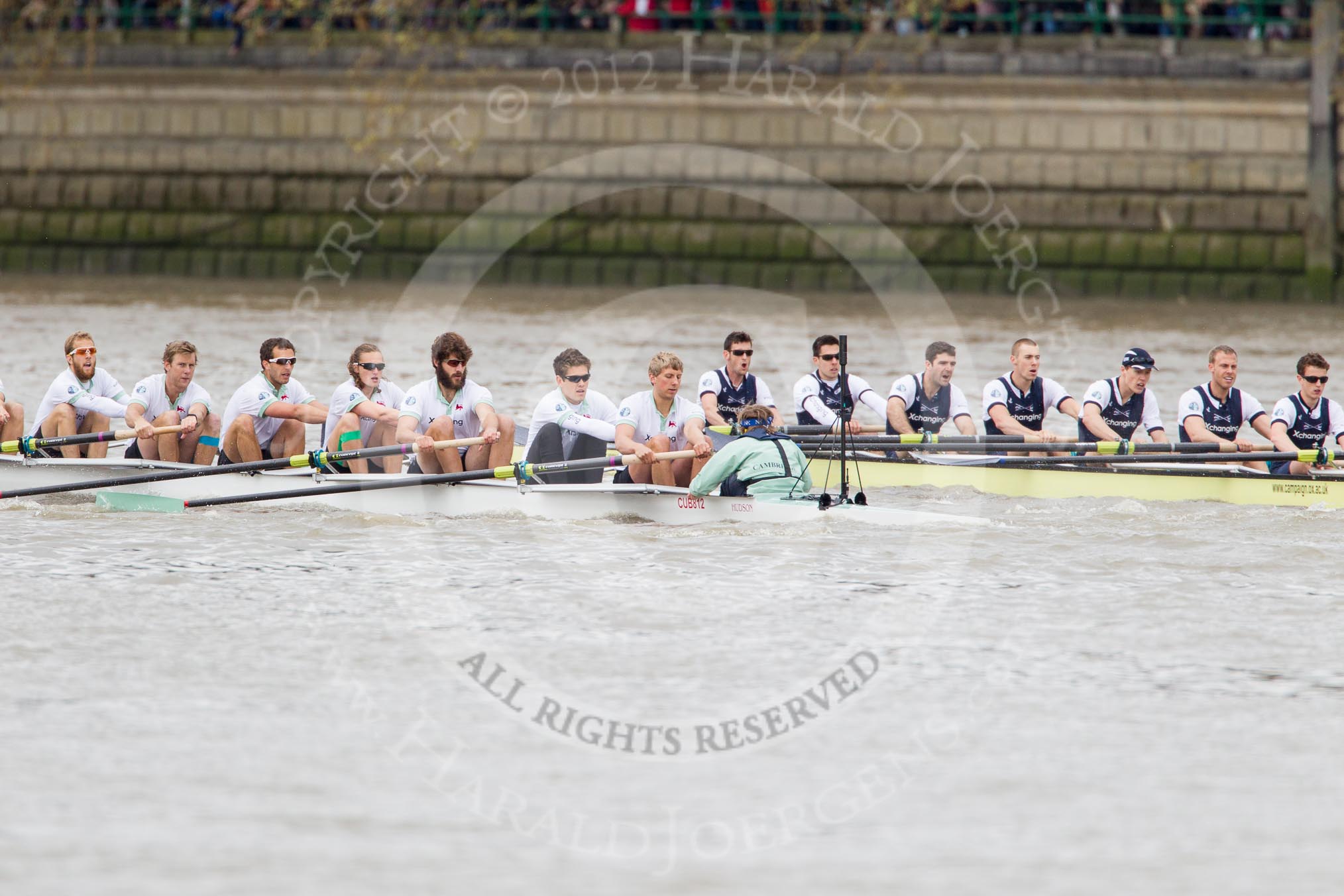 Photo 1204071417091D48442HaraldJoergens The Boat Race 2012: The 2012 Boat Race, shortly after the start: In the foreground the Cambridge Blue Boat, with David Nelson, Moritz Schramm, Jack Lindeman, Alex Ross, Mike Thorp, Steve Dudek, Alexander Scharp, Niles Garret, and cox Ed Bosson, in the Oxford boat Dr. Alexander Woods, William Zeng, Kevin Baum, Alex Davidson, Karl Hudspith, Dr. Hanno Wienhausen, Dan Harvey, stroke Roel Haen, and cox Zoe de Toledo..
on 07 April 2012 at 14:17, image #267