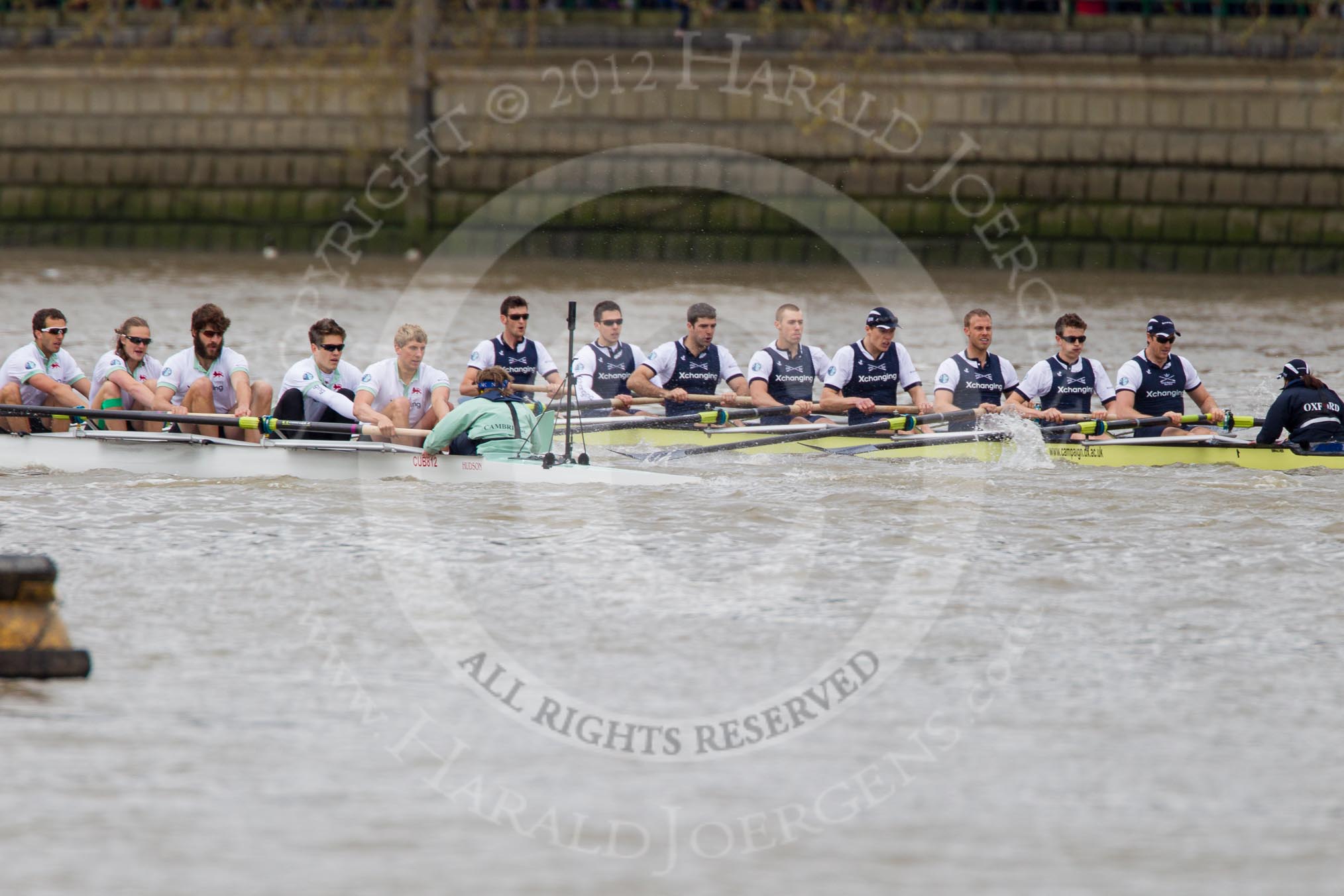 Photo 1204071417111D48445HaraldJoergens The Boat Race 2012: The 2012 Boat Race, shortly after the start: In the foreground the Cambridge Blue Boat, with David Nelson, Moritz Schramm, Jack Lindeman, Alex Ross, Mike Thorp, Steve Dudek, Alexander Scharp, Niles Garret, and cox Ed Bosson, in the Oxford boat Dr. Alexander Woods, William Zeng, Kevin Baum, Alex Davidson, Karl Hudspith, Dr. Hanno Wienhausen, Dan Harvey, stroke Roel Haen, and cox Zoe de Toledo..
on 07 April 2012 at 14:17, image #268