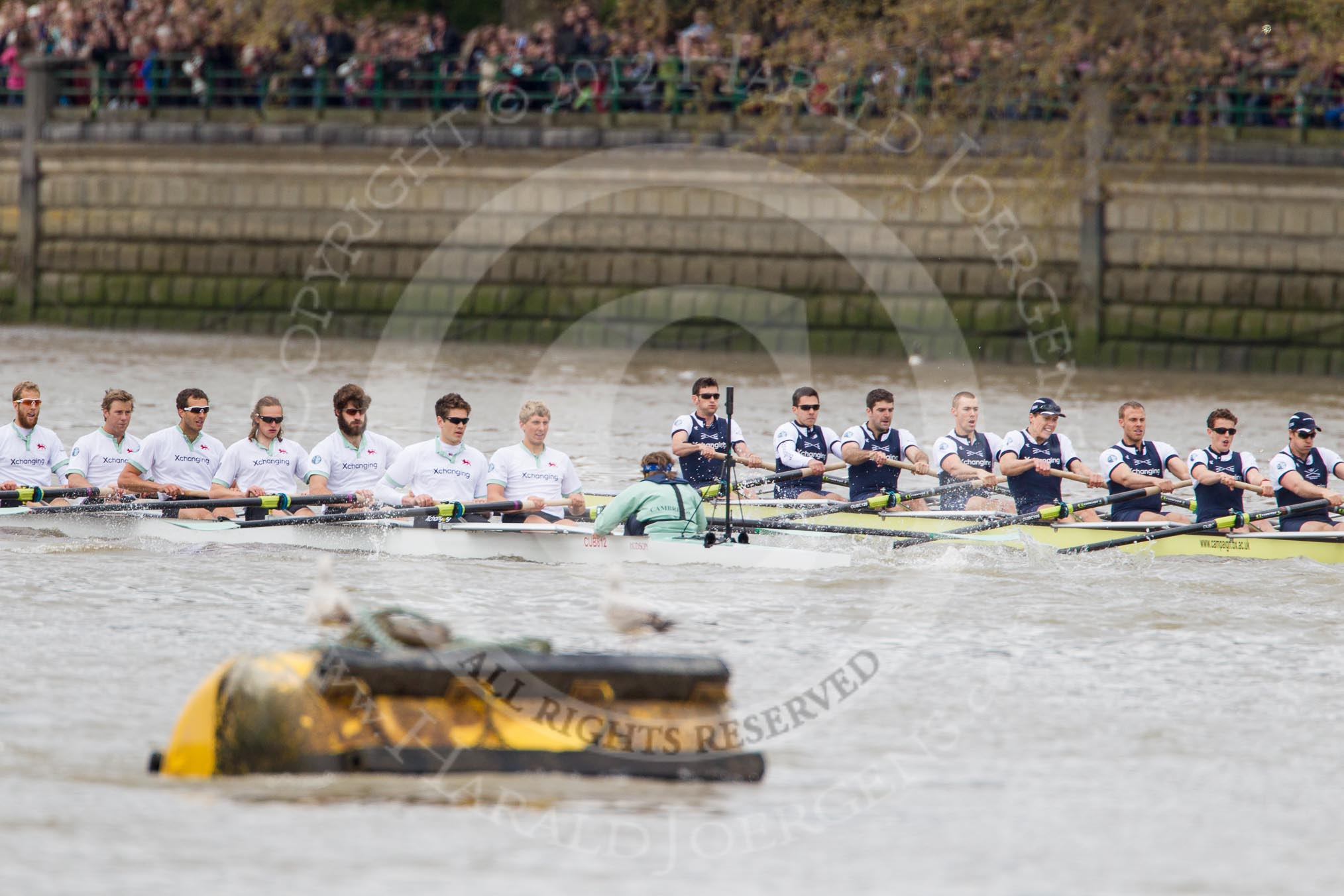 Photo 1204071417121D48450HaraldJoergens The Boat Race 2012: The 2012 Boat Race, shortly after the start: In the foreground the Cambridge Blue Boat, with David Nelson, Moritz Schramm, Jack Lindeman, Alex Ross, Mike Thorp, Steve Dudek, Alexander Scharp, Niles Garret, and cox Ed Bosson, in the Oxford boat Dr. Alexander Woods, William Zeng, Kevin Baum, Alex Davidson, Karl Hudspith, Dr. Hanno Wienhausen, Dan Harvey, stroke Roel Haen, and cox Zoe de Toledo..
on 07 April 2012 at 14:17, image #269