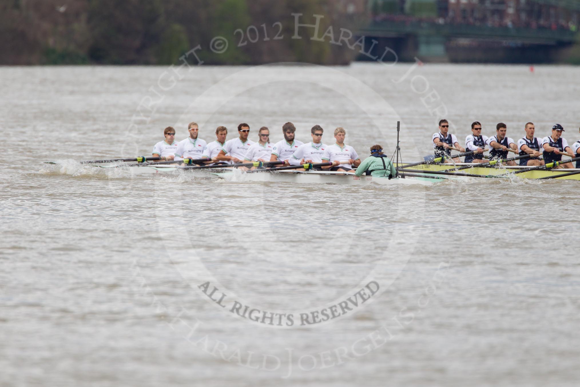 Photo 1204071417181D48454HaraldJoergens The Boat Race 2012: The 2012 Boat Race, shortly after the start: In the foreground the Cambridge Blue Boat, with David Nelson, Moritz Schramm, Jack Lindeman, Alex Ross, Mike Thorp, Steve Dudek, Alexander Scharp, Niles Garret, and cox Ed Bosson, in the Oxford boat Dr. Alexander Woods, William Zeng, Kevin Baum, Alex Davidson, Karl Hudspith, Dr. Hanno Wienhausen, Dan Harvey, stroke Roel Haen, and cox Zoe de Toledo..
on 07 April 2012 at 14:17, image #271