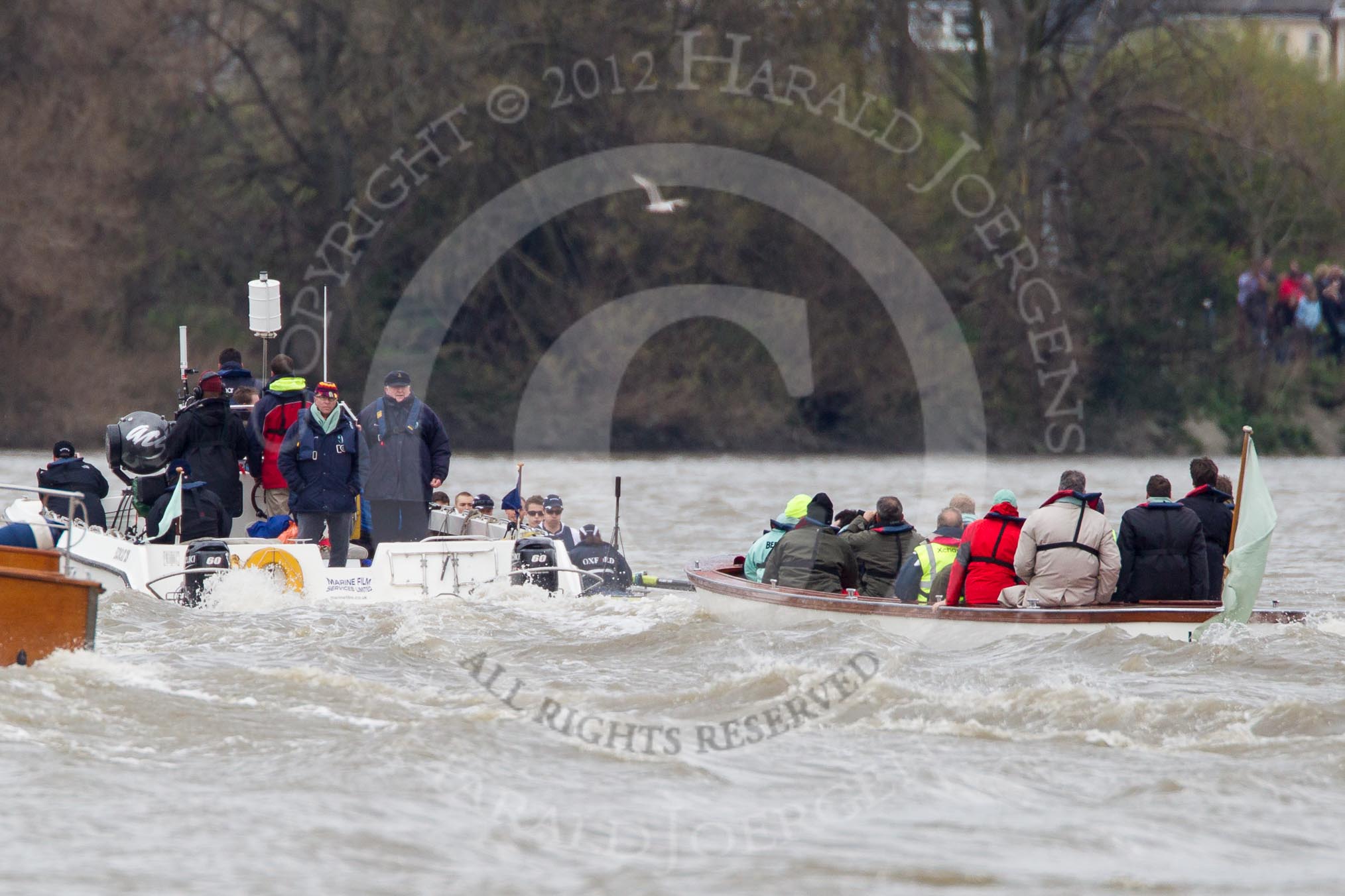 The Boat Race 2012: The 2012 Boat Race, with the boats approaching the Mile Post: The Oxford Blue Boat, with the boat carrying the race umpire and TV crews on the left..




on 07 April 2012 at 14:17, image #278