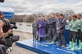 The Boat Race 2012: Setting the scene for the 2012 Boat Race:  The Oxford and Cambridge Blue Boat squads ready for the toss of the coin. In front of the Boat Race trophy umpire John Garret, on the left BBC presenter Clare Balding..




on 07 April 2012 at 12:31, image #50