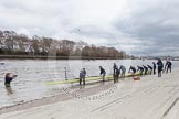 The Boat Race 2012: The Oxford Blue Boat carried to the Thames for the Boat Race. On the right of the boat cox Zoe de Toldeo and Pat Lockley, Oxford boat house manager, standing in the Thames Hannah Madsen of www.AngelSharp.com..




on 07 April 2012 at 13:24, image #129