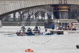 The Boat Race 2012: The Oxford Blue Boat minutes before the start of the 2012 Boat Race, almost hidden behind the BBC Sport/SIS boat for the live broadcast. On the right the boat with the race umpire, behind other boats of the flotilla to follow the race..




on 07 April 2012 at 14:11, image #211