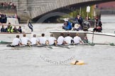 The Boat Race 2012: The Cambridge Blue Boat shortly after the start of the 2012 Boat Race. On the right of the Cambridge boat the race umpire, Richard Phelps, and a BBC Sport/SIS television crew. Bow David Nelson, Moritz Schramm, Jack Lindeman, Alex Ross, Mike Thorp, Steve Dudek, Alexander Scharp, stroke Niles Garratt, and cox Ed Bosson..




on 07 April 2012 at 14:16, image #240