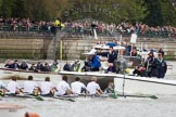 The Boat Race 2012: The Cambridge Blue Boat shortly after the start of the 2012 Boat Race. On the right of the Cambridge boat the race umpire, Richard Phelps, and a BBC Sport/SIS television crew. Bow David Nelson, Moritz Schramm, Jack Lindeman, Alex Ross, Mike Thorp, Steve Dudek, Alexander Scharp, stroke Niles Garratt, and cox Ed Bosson..




on 07 April 2012 at 14:16, image #243