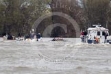 The Boat Race 2012: The 2012 Boat Race, with the boats approaching the Mile Post: The Cambridge Blue Boat on the left, Oxford Blue Boat on the right, and the boat carrying the race umpire and TV crews behind and in the middle. On the right a boat of the Port of London Harbour Master..




on 07 April 2012 at 14:18, image #284