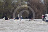 The Boat Race 2012: The 2012 Boat Race, with the boats approaching the Mile Post: The Cambridge Blue Boat on the left, Oxford Blue Boat on the right, and the boat carrying the race umpire and TV crews behind and in the middle. On the right a boat of the Port of London Harbour Master..




on 07 April 2012 at 14:18, image #285