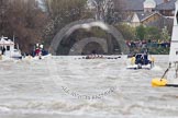 The Boat Race 2012: The 2012 Boat Race, with the boats approaching the Mile Post: The Cambridge Blue Boat on the left, just out of sight, Oxford Blue Boat on the right, and the boat carrying the race umpire and TV crews behind and in the middle. Behind them a boat of the Port of London Harbour Master..




on 07 April 2012 at 14:18, image #287