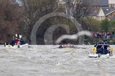 The Boat Race 2012: The 2012 Boat Race, with the boats approaching the Mile Post: The Cambridge Blue Boat on the left, nearly covered by the boat of the umpire, and the Oxford Blue Boat on the right..




on 07 April 2012 at 14:18, image #288