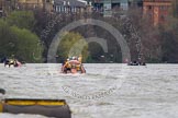 The Boat Race 2012: The 2012 Boat Race, with the boats approaching the Harrods Repository: The Cambridge Blue Boat on the left, nearly covered by the boat of the umpire, and the Oxford Blue Boat on the right..




on 07 April 2012 at 14:19, image #290